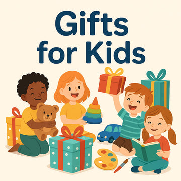 Illustration of happy children playing with gifts, including wrapped presents, a teddy bear, a toy car, and art supplies, with the text ‘Gifts for Kids’ above them