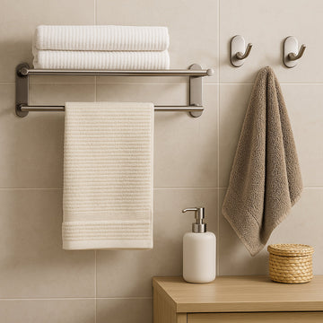 Modern bathroom with stainless steel towel rack and hooks, beige tiles, soft towels, soap dispenser, and storage basket – Bathroom accessories collection at VitazMart