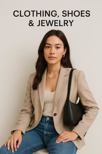 Fashionable young woman wearing a beige blazer, ribbed tank top, blue jeans, and gold jewelry, holding a black leather handbag — Clothing, Shoes & Jewelry collection banner