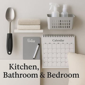 Kitchen spoon, towels, bathroom spray bottles, wall organizer, calendar, notepad, and pillow – home essentials collection for kitchen, bathroom, and bedroom at VitazMart