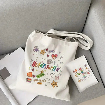 2pcs/set Ladies Handbag Cosmetic Bag Show Heartstopper Canvas Fashion Shoulder Bag Eco Large Capacity Shopping Bag Purse