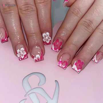 24Pcs Fairy White Flower Fake Nails Pink French Tip Press on Nails Short Square Wearable False Nail for Women Girls DIY Manicure