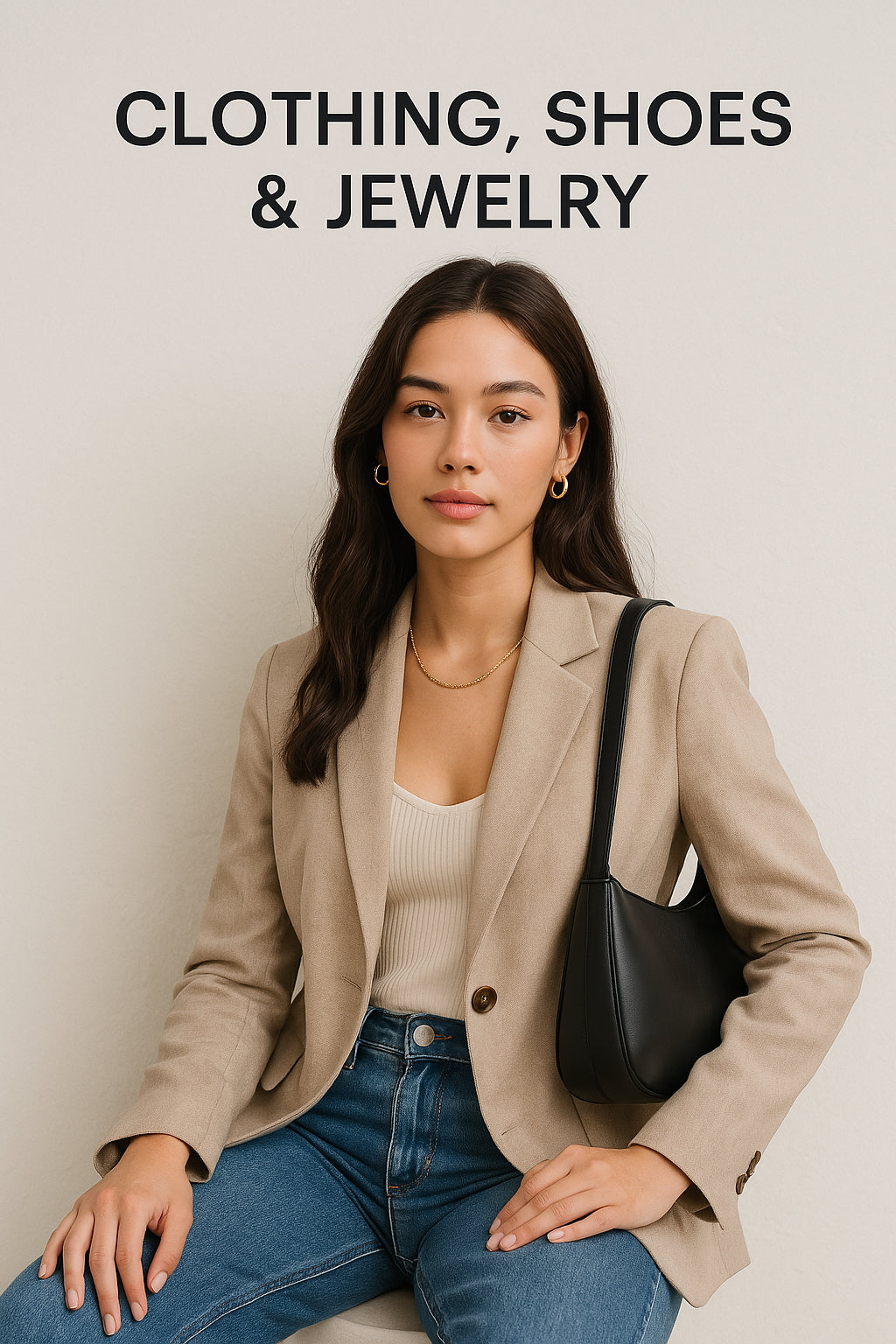 Fashionable young woman wearing a beige blazer, ribbed tank top, blue jeans, and gold jewelry, holding a black leather handbag — Clothing, Shoes & Jewelry collection banner