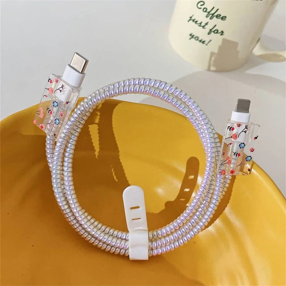 Pink Cable Protectors Set For iPhone 14 13Pro 11 Fast Charging Protector USB Data Cable Line Protection Sprial Cable Protective