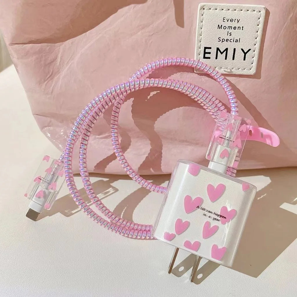 Pink Cable Protectors Set For iPhone 14 13Pro 11 Fast Charging Protector USB Data Cable Line Protection Sprial Cable Protective