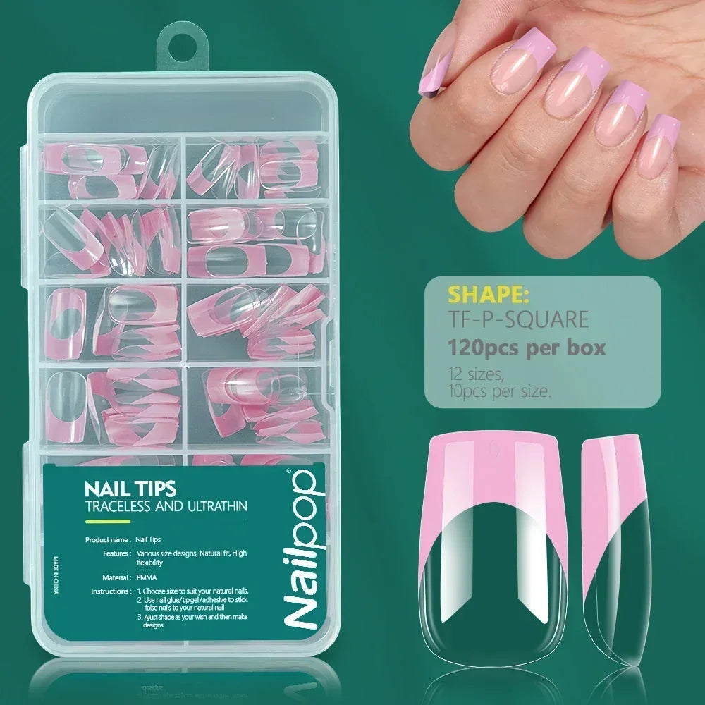 Nailpop French Nail Tips 120PCS Short French Full Cover White Clear False Nails 12 Sizes Square Acrylic Press On Nails with Box