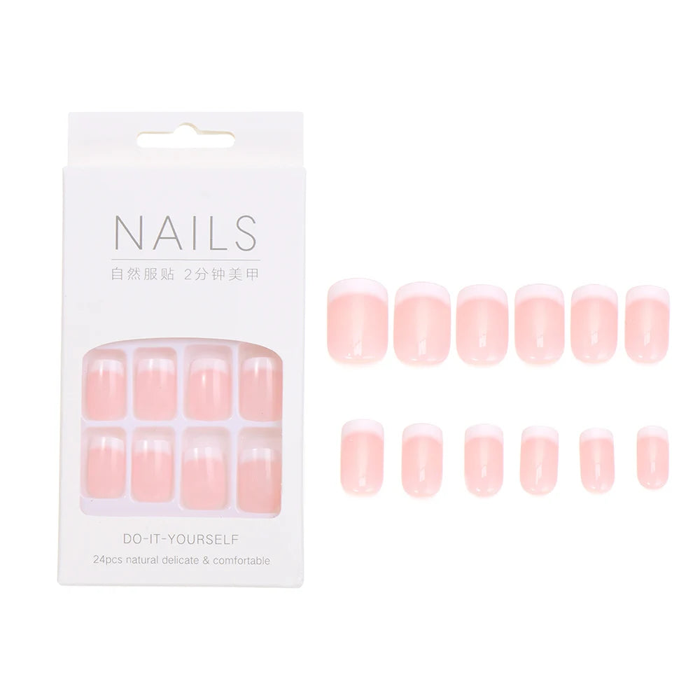 Naked Pink French White Side False Nails Short Simple Nail Beauty Press on Fake Nails Full Cover Artificial Nails Tips