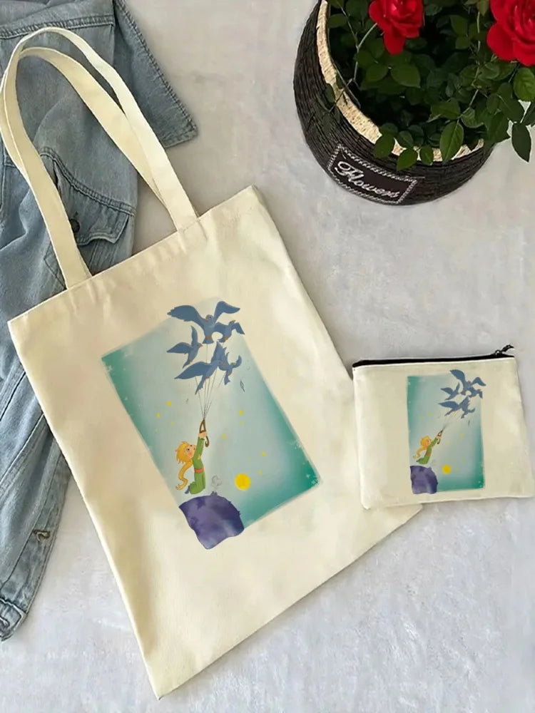 Little Prince Earth Space Y2K Art Harajuku Tote Set - Women's Spacious Shoulder Bag with Easy Access & Matching Clutch Pouch