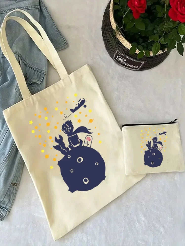 Little Prince Earth Space Y2K Art Harajuku Tote Set - Women's Spacious Shoulder Bag with Easy Access & Matching Clutch Pouch
