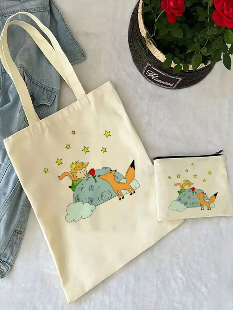 Little Prince Earth Space Y2K Art Harajuku Tote Set - Women's Spacious Shoulder Bag with Easy Access & Matching Clutch Pouch