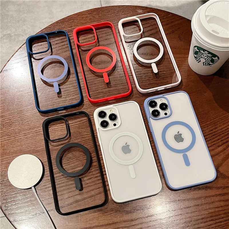 Luxury Magsafe Wireless Charge Phone Case for iPhone 16 15 14 Plus 13 12 11 Pro Max Mini Magnetic Soft Bumper Transparent Cover