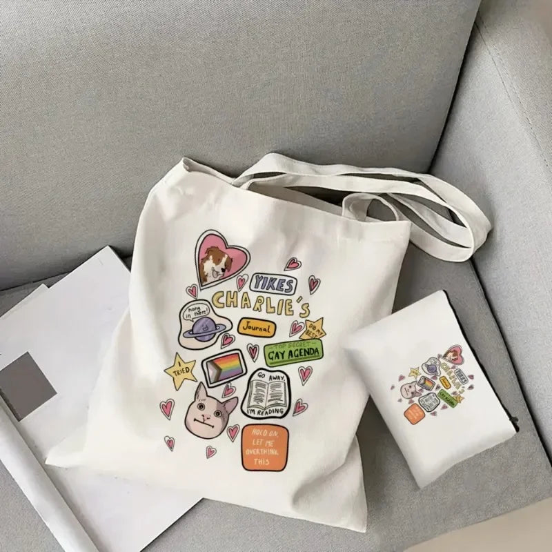 2pcs/set Ladies Handbag Cosmetic Bag Show Heartstopper Canvas Fashion Shoulder Bag Eco Large Capacity Shopping Bag Purse