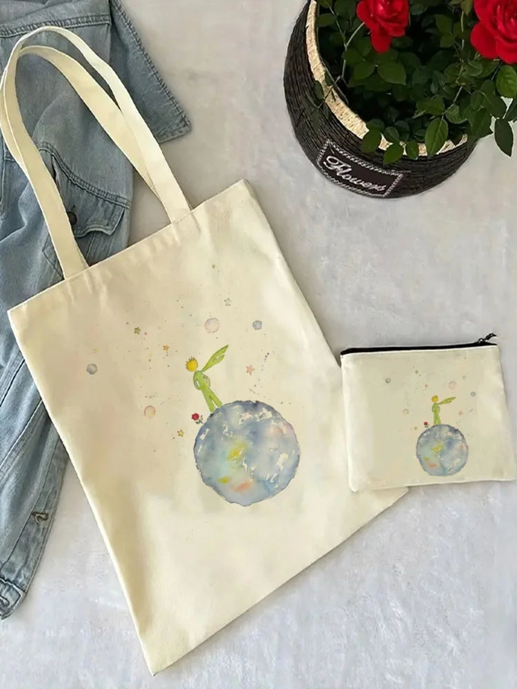 Little Prince Earth Space Y2K Art Harajuku Tote Set - Women's Spacious Shoulder Bag with Easy Access & Matching Clutch Pouch