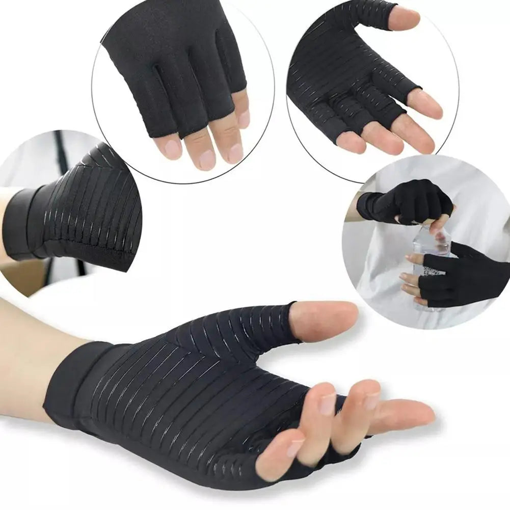 1 Pair Copper Compression Arthritis Gloves – Fingerless Hand Support for Swelling & Stiffness