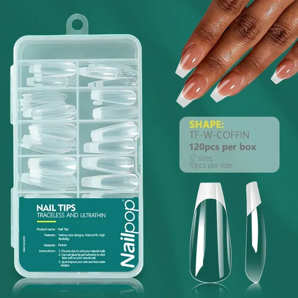 Nailpop French Nail Tips 120PCS Short French Full Cover White Clear False Nails 12 Sizes Square Acrylic Press On Nails with Box