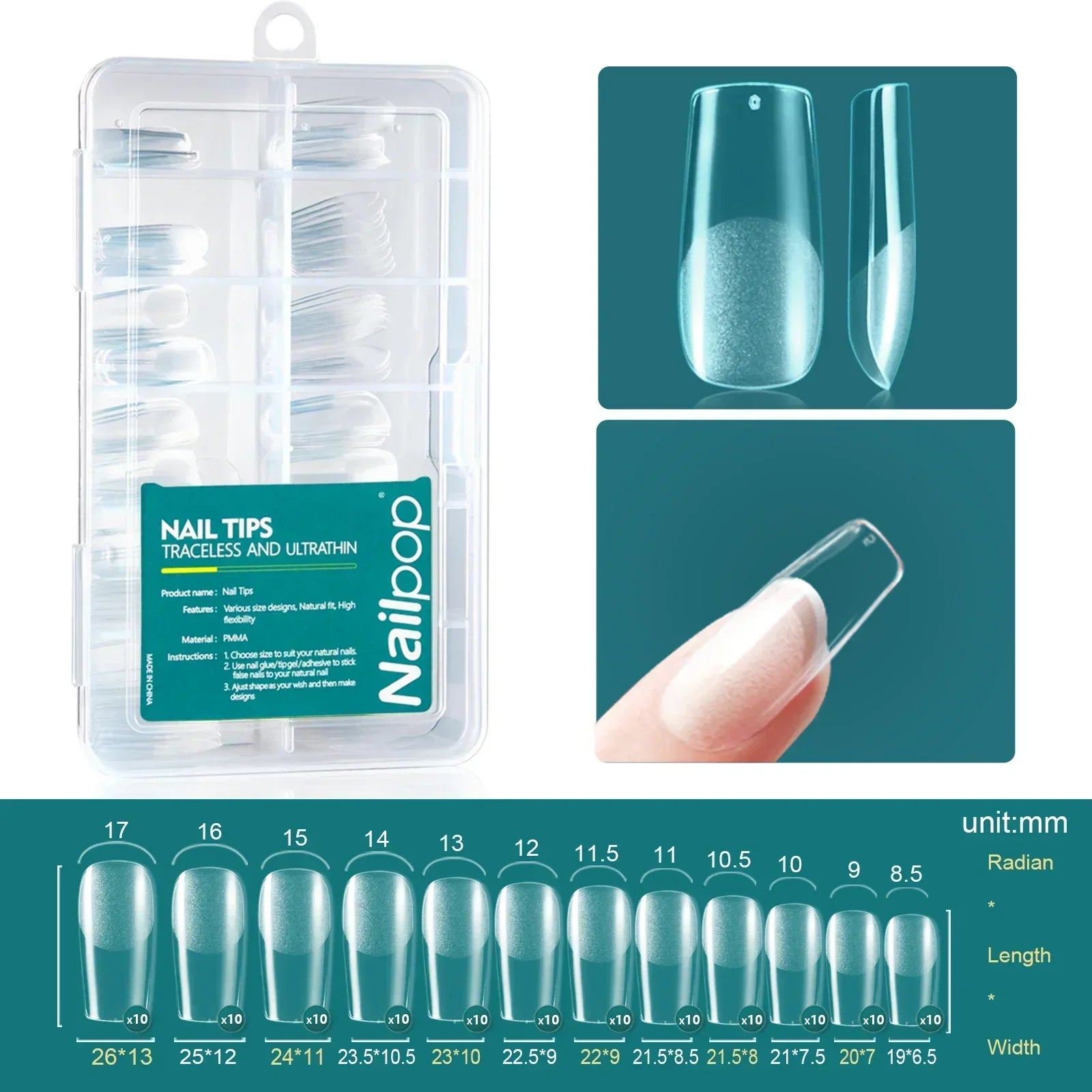 Nailpop French Nail Tips 120PCS Short French Full Cover White Clear False Nails 12 Sizes Square Acrylic Press On Nails with Box