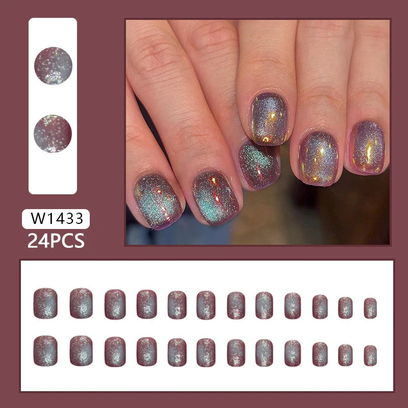 French Fake Nails Short Square Press on Nails Women Wearable Art Nail Tips Detachable Full Finished False Nails