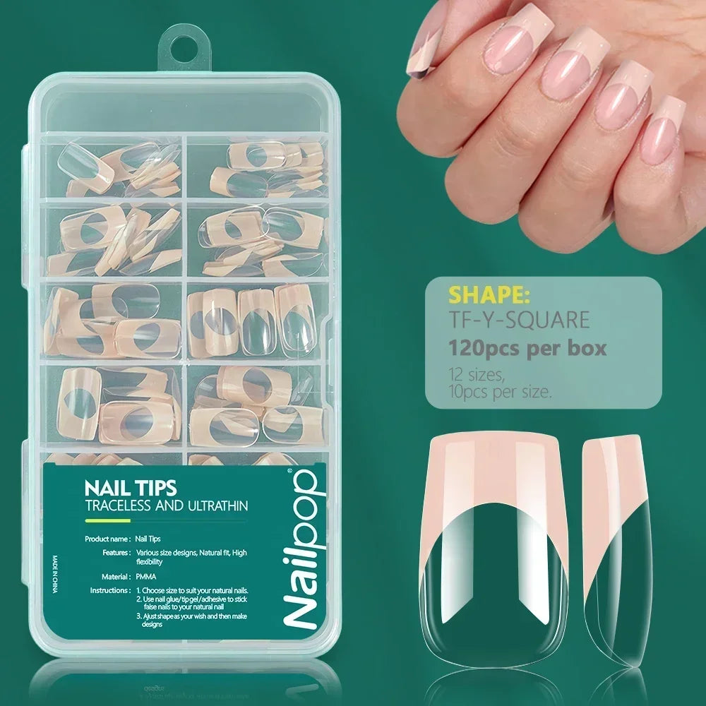 Nailpop French Nail Tips 120PCS Short French Full Cover White Clear False Nails 12 Sizes Square Acrylic Press On Nails with Box