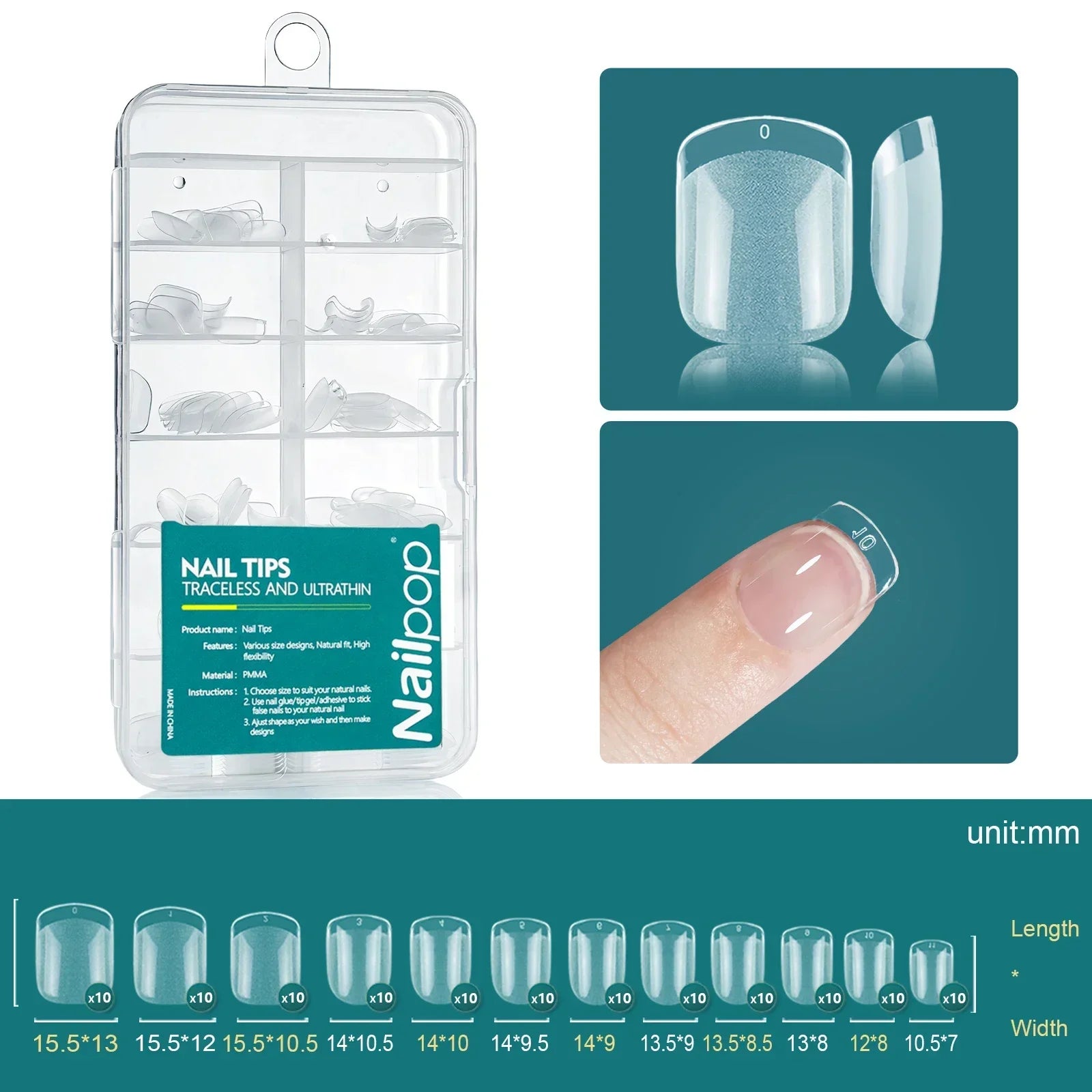 Nailpop French Nail Tips 120PCS Short French Full Cover White Clear False Nails 12 Sizes Square Acrylic Press On Nails with Box