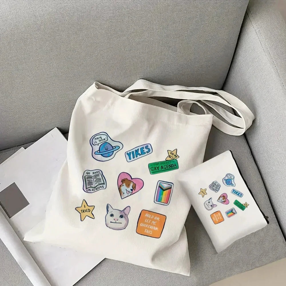2pcs/set Ladies Handbag Cosmetic Bag Show Heartstopper Canvas Fashion Shoulder Bag Eco Large Capacity Shopping Bag Purse