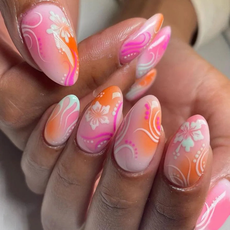 24Pcs Fairy White Flower Fake Nails Pink French Tip Press on Nails Short Square Wearable False Nail for Women Girls DIY Manicure