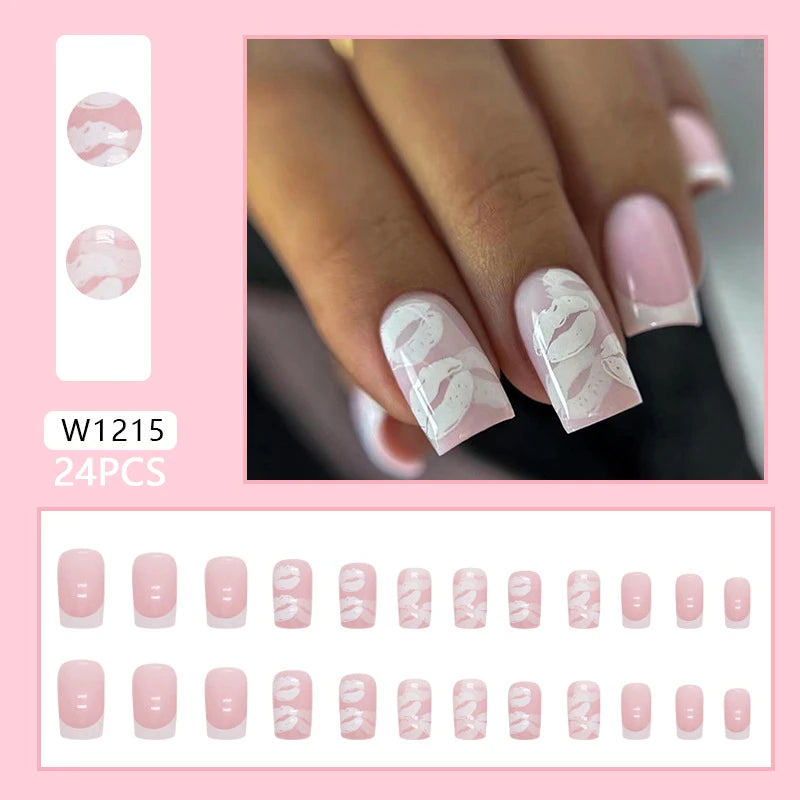 French Fake Nails Short Square Press on Nails Women Wearable Art Nail Tips Detachable Full Finished False Nails