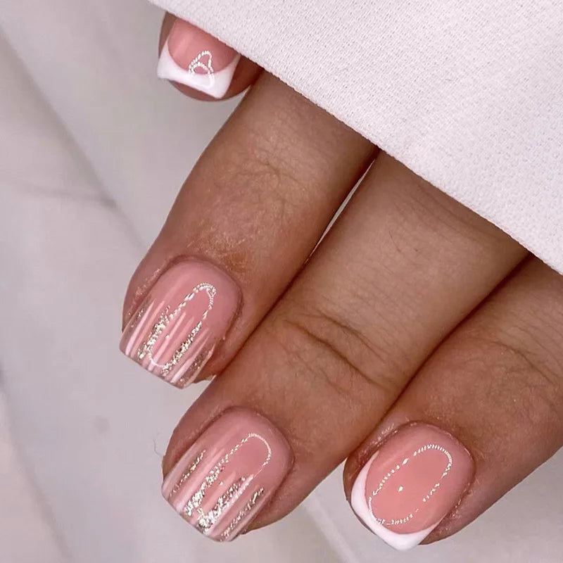Naked Pink French White Side False Nails Short Simple Nail Beauty Press on Fake Nails Full Cover Artificial Nails Tips