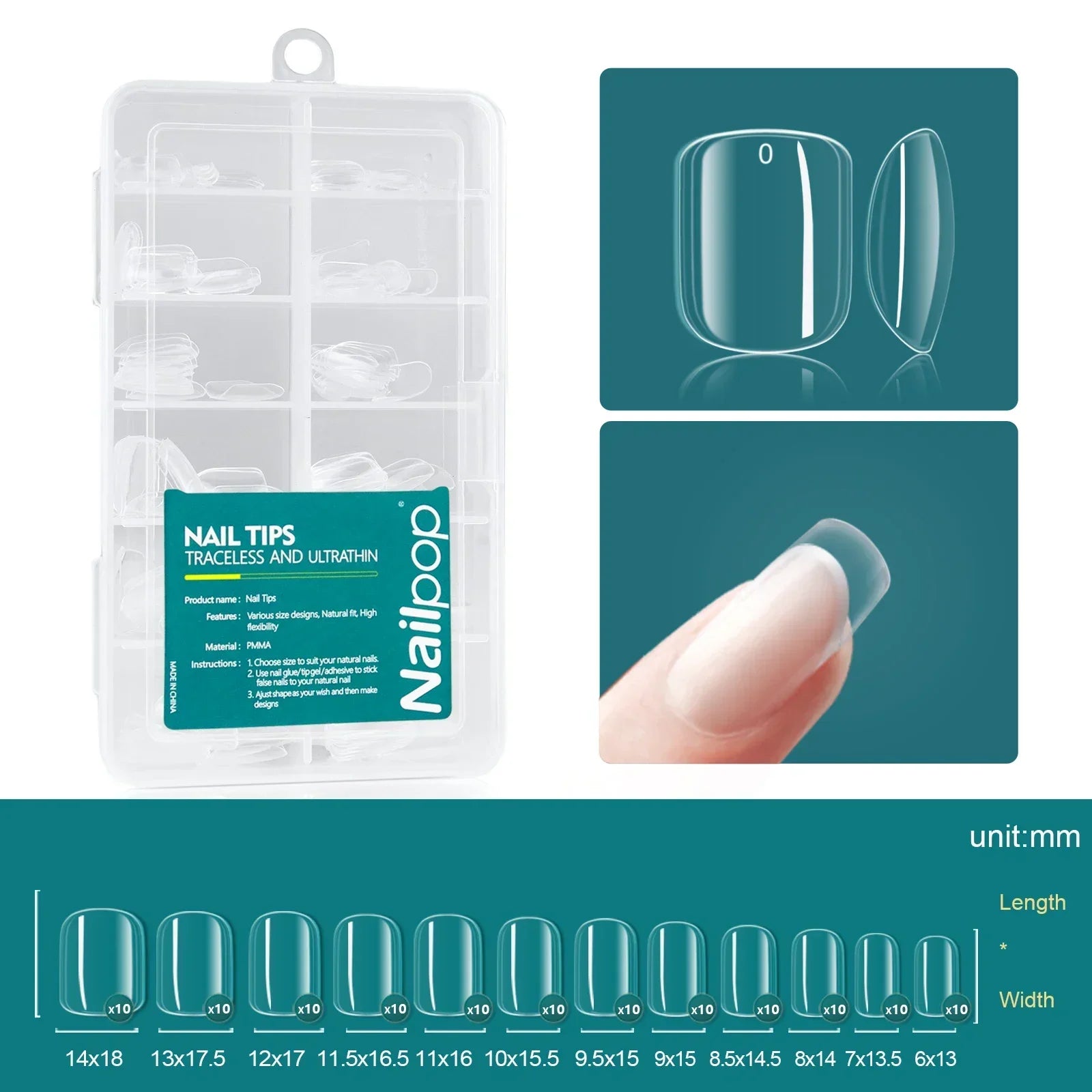 Nailpop French Nail Tips 120PCS Short French Full Cover White Clear False Nails 12 Sizes Square Acrylic Press On Nails with Box