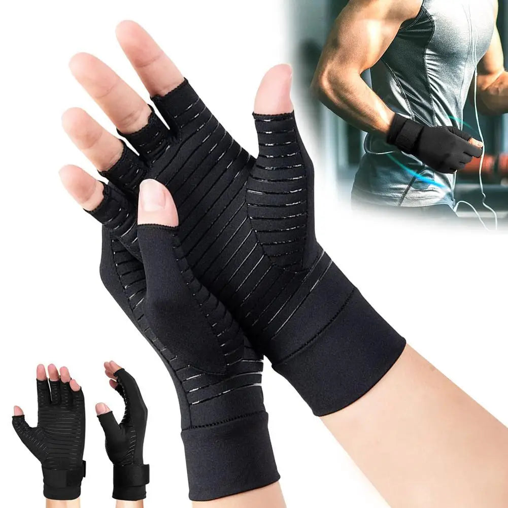 1 Pair Copper Compression Arthritis Gloves – Fingerless Hand Support for Swelling & Stiffness