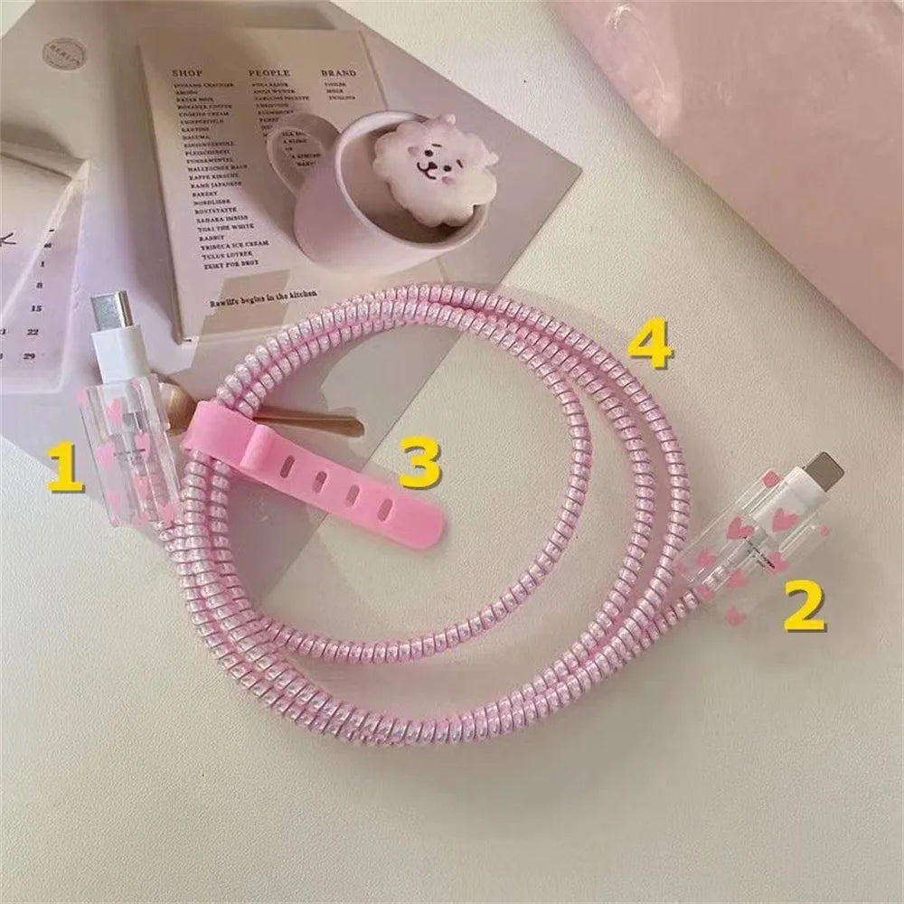 Pink Cable Protectors Set For iPhone 14 13Pro 11 Fast Charging Protector USB Data Cable Line Protection Sprial Cable Protective