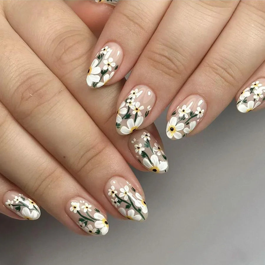 24Pcs Fairy White Flower Fake Nails Pink French Tip Press on Nails Short Square Wearable False Nail for Women Girls DIY Manicure