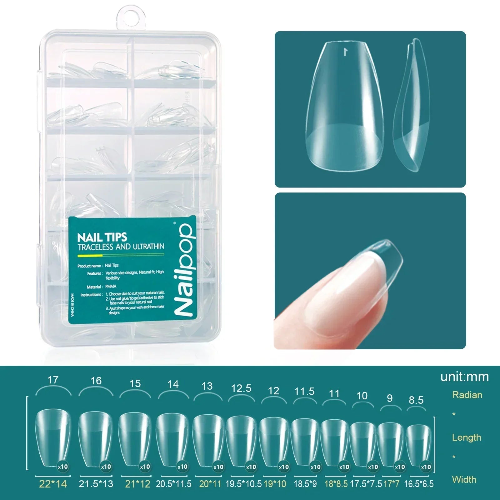 Nailpop French Nail Tips 120PCS Short French Full Cover White Clear False Nails 12 Sizes Square Acrylic Press On Nails with Box