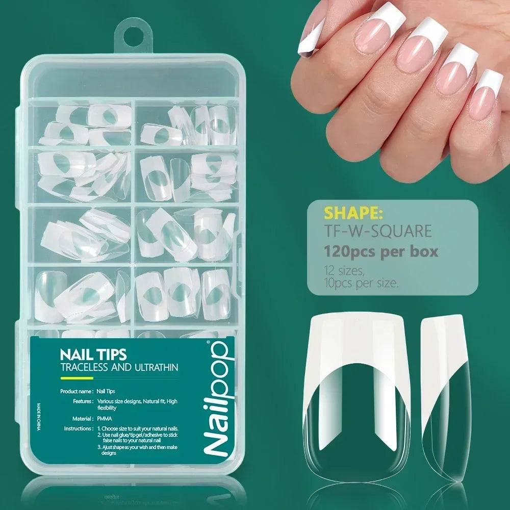 Nailpop French Nail Tips 120PCS Short French Full Cover White Clear False Nails 12 Sizes Square Acrylic Press On Nails with Box