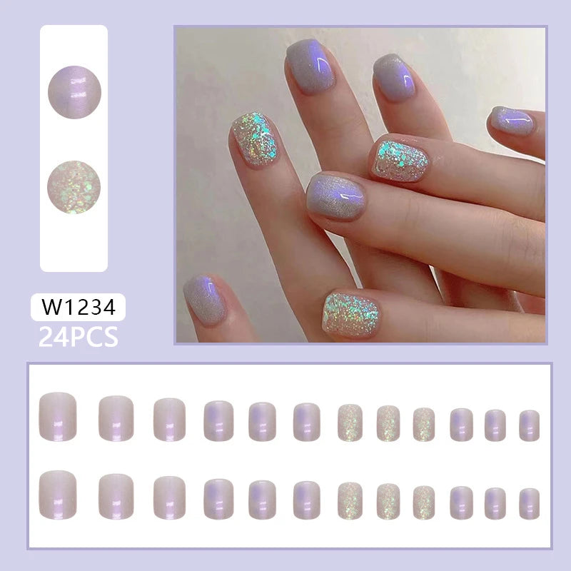 French Fake Nails Short Square Press on Nails Women Wearable Art Nail Tips Detachable Full Finished False Nails