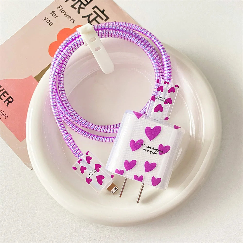 Pink Cable Protectors Set For iPhone 14 13Pro 11 Fast Charging Protector USB Data Cable Line Protection Sprial Cable Protective