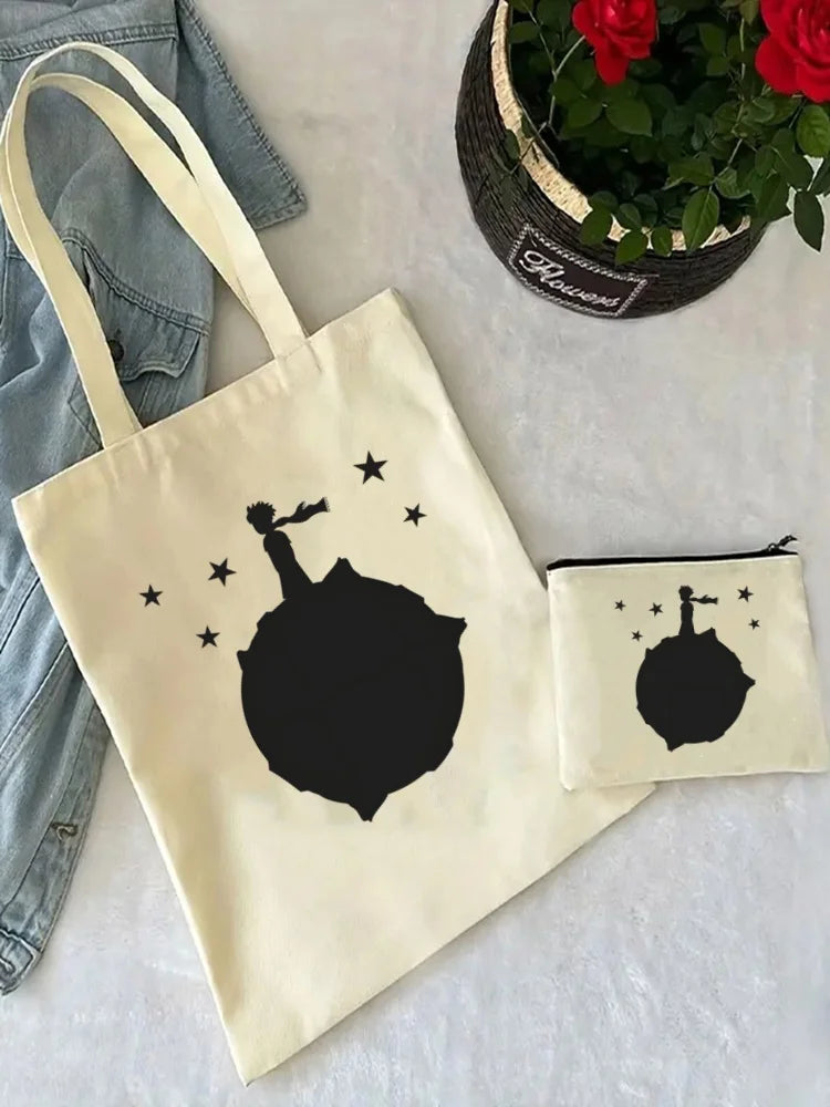 Little Prince Earth Space Y2K Art Harajuku Tote Set - Women's Spacious Shoulder Bag with Easy Access & Matching Clutch Pouch