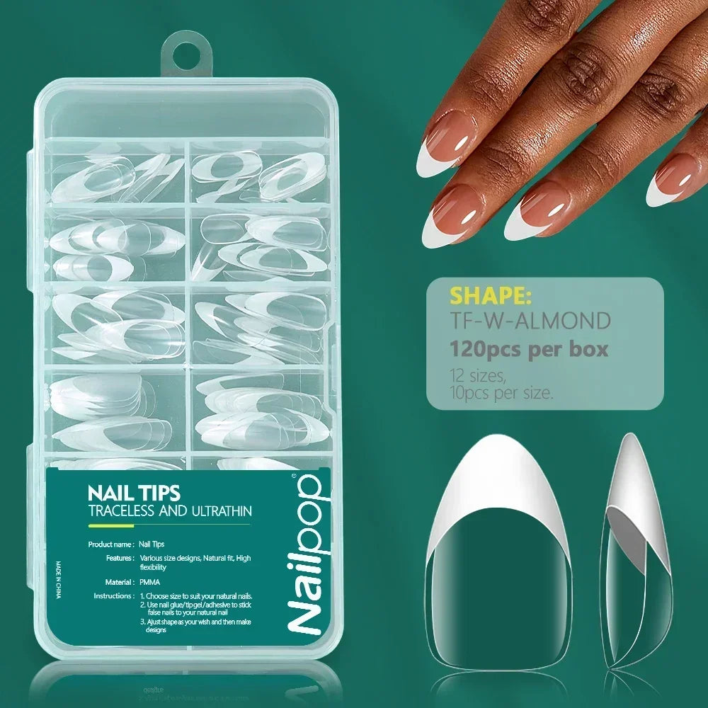 Nailpop French Nail Tips 120PCS Short French Full Cover White Clear False Nails 12 Sizes Square Acrylic Press On Nails with Box