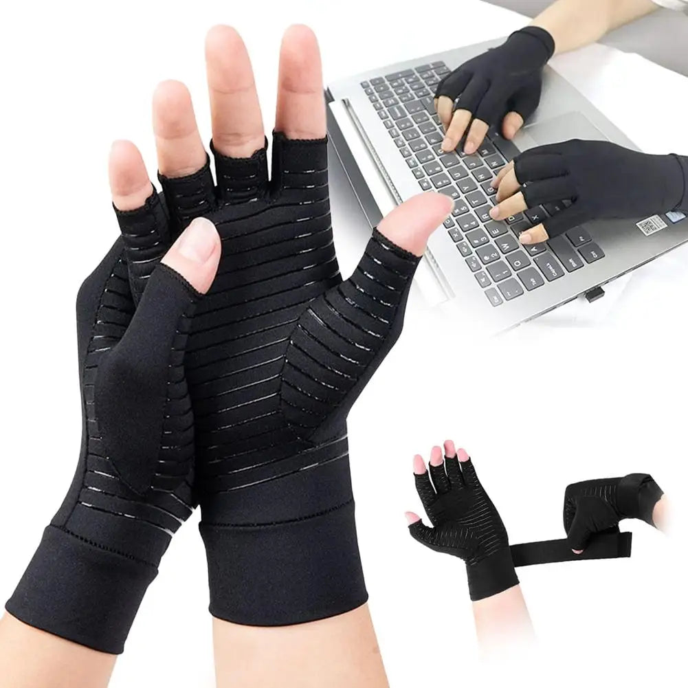 1 Pair Copper Compression Arthritis Gloves – Fingerless Hand Support for Swelling & Stiffness