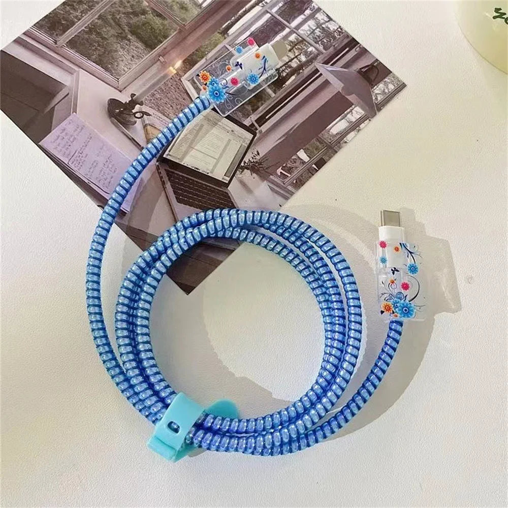 Pink Cable Protectors Set For iPhone 14 13Pro 11 Fast Charging Protector USB Data Cable Line Protection Sprial Cable Protective