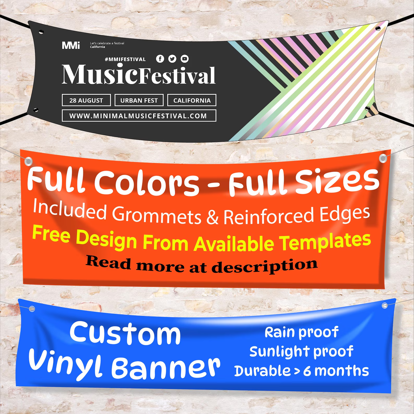 Full Color Custom Vinyl Banners | Advertising Event Banner Print Image Logo Text 13oz Banner With Metal Grommets & Reinforced Edges 1 Side