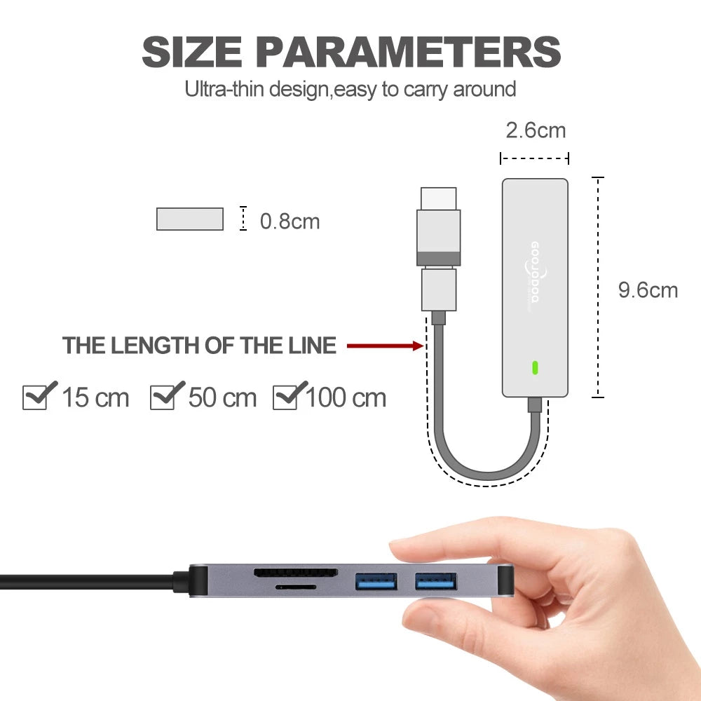 GOOJODO USB C Hub, USB C Ethernet Multiport Adapter, 6 In 1 USB C to HDMI Dock Compatible for Macbook Pro/Air, Chromebook, Dell XPS, HP and Type C Devices (Gigabit Ethernet 100W PD 4K HDMI USB 3.0)