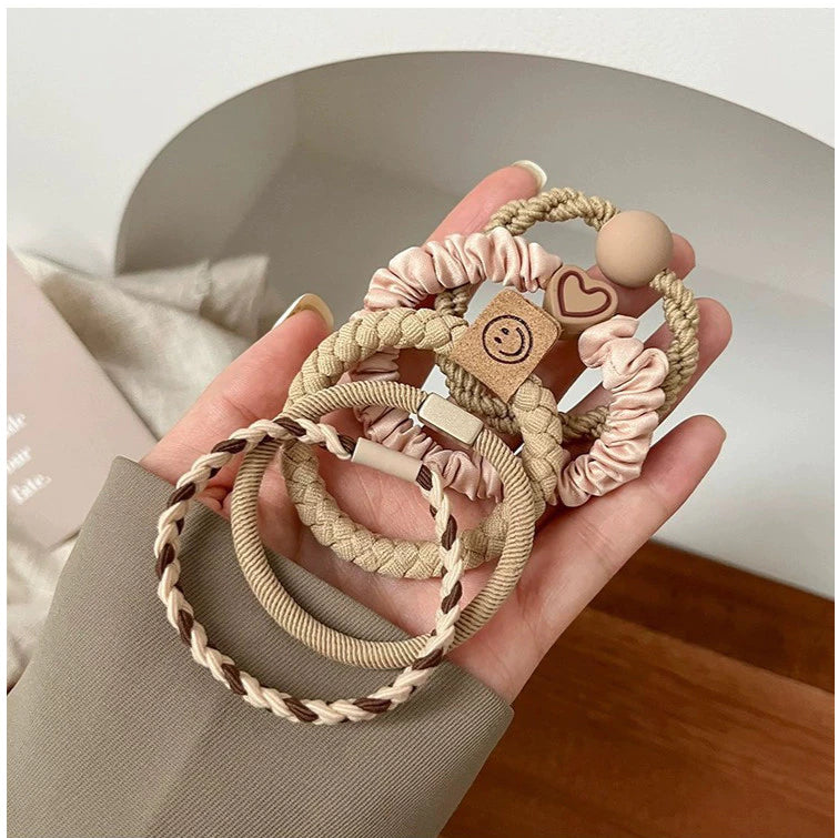 Set Of 5 Pcs Ouchless Elastic Hair Ties , Assorted Neutrals, Pain-Free Hair Accessories for Women, Made for Long-Lasting Braids, Ponytails & More, For Fine Hair